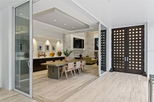 Dining room, Interior, Recessed Lighting, Stone Walls, Wood Texture Flooring