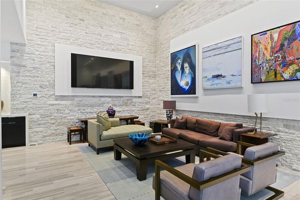 Interior, Living room, Recessed Lighting, Stone Walls, Wood Texture Flooring
