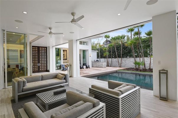 Interior, Living room, Pool, Recessed Lighting, Wood Texture Flooring