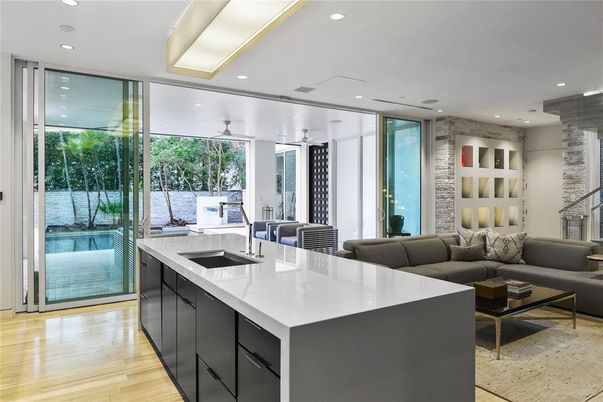 Interior, Kitchen, Living room, Recessed Lighting, Wood Texture Flooring