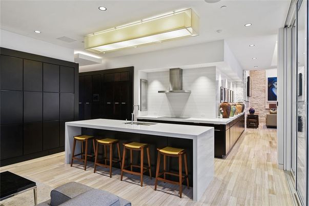 Interior, Kitchen, Recessed Lighting, Stainless Steel Appliances, Stone Walls, Wood Texture Flooring