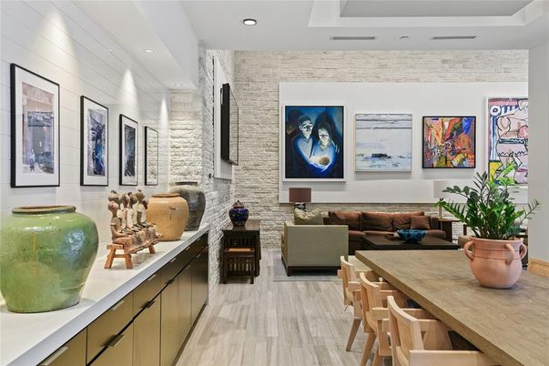 Dining room, Interior, Living room, Recessed Lighting, Stone Walls, Wood Texture Flooring