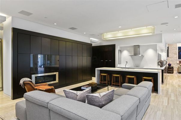 Interior, Kitchen, Living room, Recessed Lighting, Stainless Steel Appliances, Wood Texture Flooring