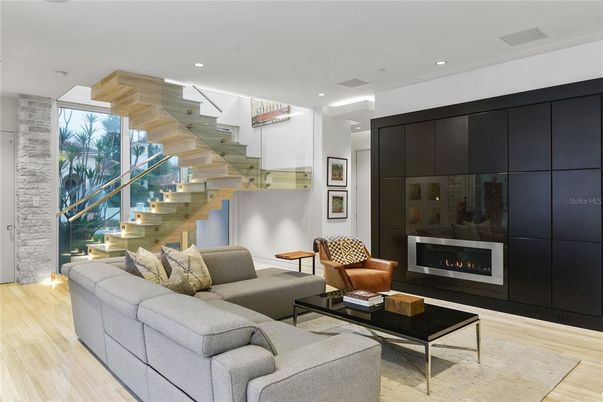 Fireplace, Interior, Living room, Recessed Lighting, Wood Texture Flooring