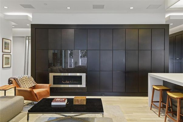 Fireplace, Interior, Living room, Recessed Lighting, Wood Texture Flooring