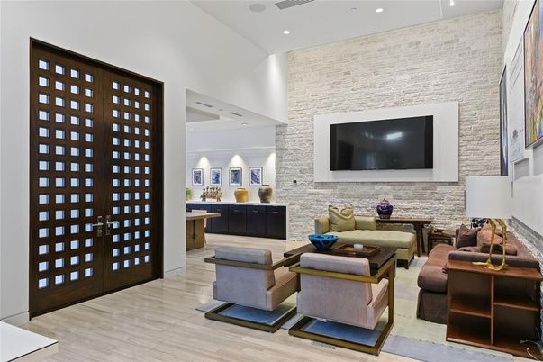 Interior, Living room, Recessed Lighting, Stone Walls, Wood Texture Flooring