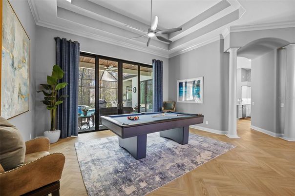 Billiard Table, Game Room, Interior, Wood Texture Flooring