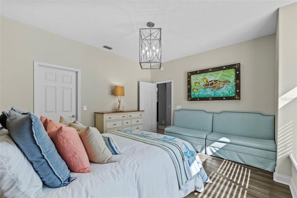 Bedroom, Interior, Pendant Lights, Wood Texture Flooring