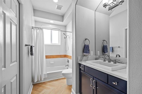 Bathroom, Interior, Recessed Lighting, Wood Texture Flooring