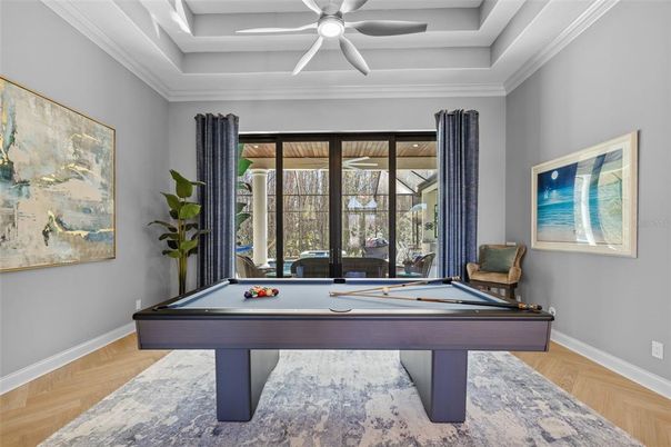 Billiard Table, Game Room, Interior, Wood Texture Flooring