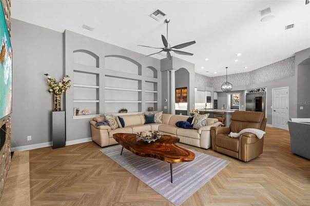 Interior, Kitchen, Living room, Pendant Lights, Recessed Lighting, Wood Texture Flooring