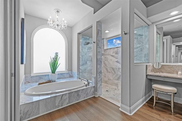 Bathroom, Chandelier, Interior, Marble Walls, Recessed Lighting, Wood Texture Flooring
