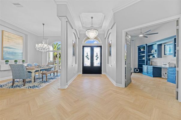 Chandelier, Dining room, Interior, Wood Texture Flooring