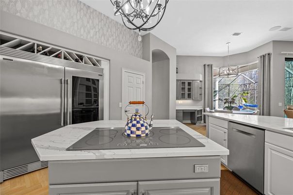 Chandelier, Interior, Kitchen, Pendant Lights, Stainless Steel Appliances, Wood Texture Flooring