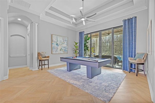 Billiard Table, Game Room, Interior, Recessed Lighting, Wood Texture Flooring