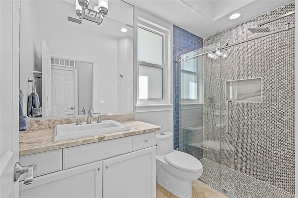 Bathroom, Glass Shower, Interior, Recessed Lighting, Wood Texture Flooring