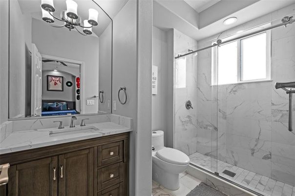Bathroom, Glass Shower, Interior, Marble, Marble Walls, Recessed Lighting