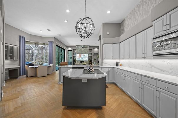 Chandelier, Interior, Kitchen, Marble Walls, Pendant Lights, Recessed Lighting, Wood Texture Flooring