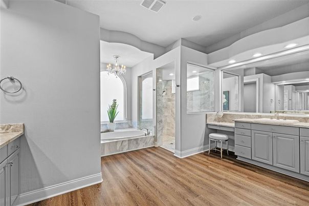 Bathroom, Chandelier, Interior, Recessed Lighting, Wood Texture Flooring