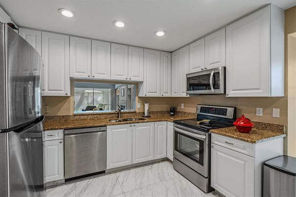 Interior, Kitchen, Marble, Recessed Lighting, Stainless Steel Appliances