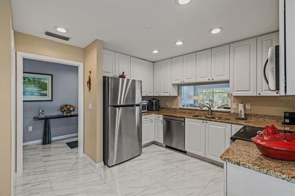Interior, Kitchen, Marble, Recessed Lighting, Stainless Steel Appliances