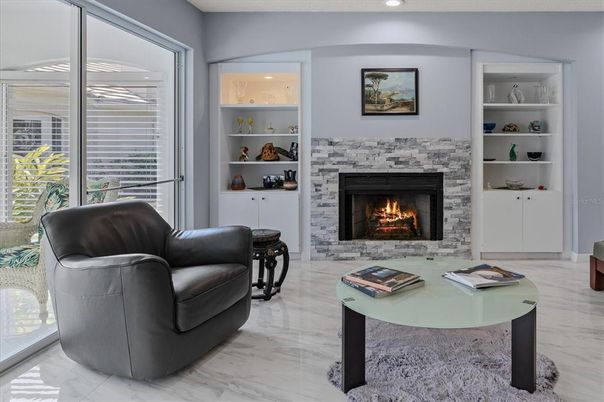 Fireplace, Interior, Living room, Marble, Recessed Lighting