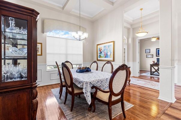 Chandelier, Dining room, Interior, Pendant Lights, Wood Texture Flooring