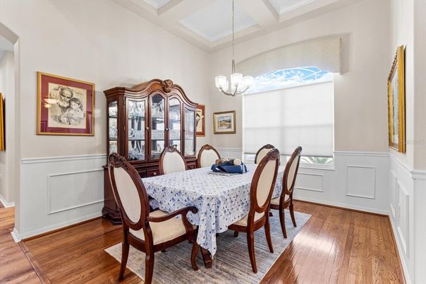 Chandelier, Dining room, Interior, Pendant Lights, Wood Texture Flooring