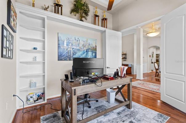 Home Office, Interior, Pendant Lights, Wood Texture Flooring