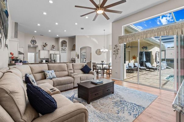 Dining room, Interior, Kitchen, Living room, Pendant Lights, Recessed Lighting, Stainless Steel Appliances, Wood Texture Flooring