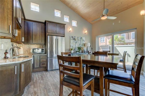 Dining room, Interior, Kitchen, Stainless Steel Appliances, Wooden Ceilings, Wood Texture Flooring