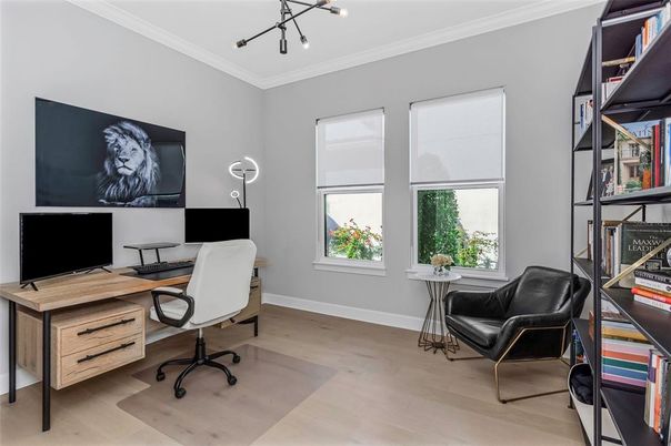 Home Office, Interior, Pendant Lights, Wood Texture Flooring