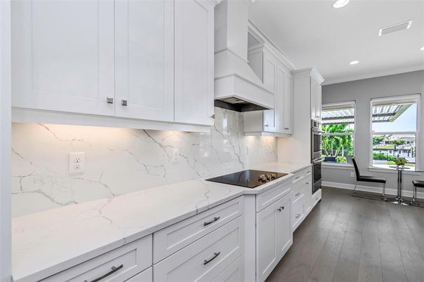 Interior, Kitchen, Marble Walls, Recessed Lighting, Wood Texture Flooring