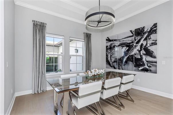 Dining room, Interior, Pendant Lights, Wood Texture Flooring