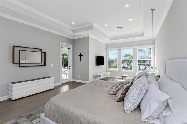 Bedroom, Interior, Recessed Lighting, Wood Texture Flooring
