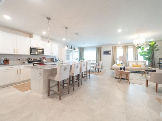 Chandelier, Dining room, Interior, Kitchen, Living room, Pendant Lights, Recessed Lighting, Stainless Steel Appliances