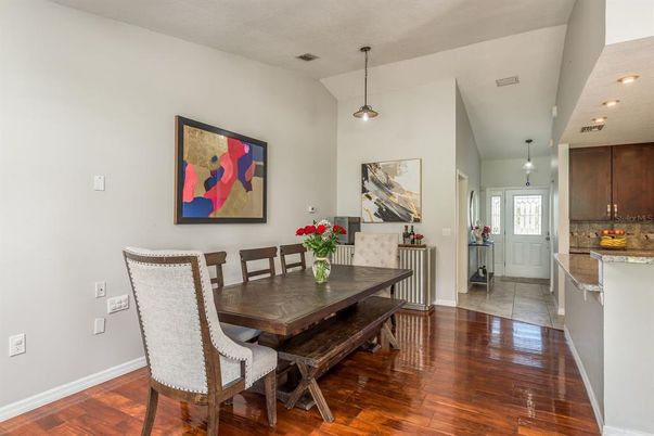 Dining room, Interior, Pendant Lights, Recessed Lighting, Wood Texture Flooring