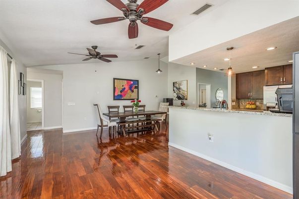 Dining room, Interior, Kitchen, Pendant Lights, Recessed Lighting, Wood Texture Flooring