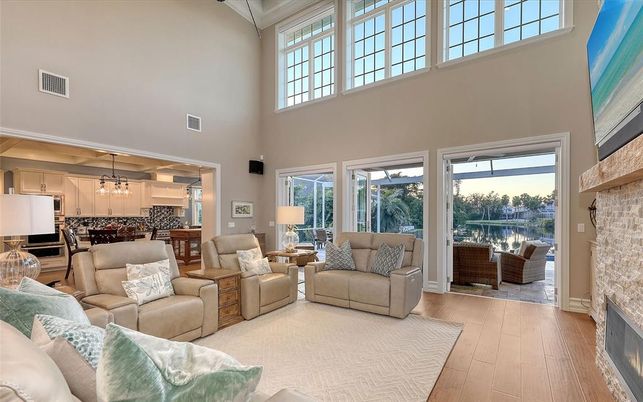 Dining room, Fireplace, Interior, Kitchen, Living room, Pendant Lights, Stone Walls, Wood Texture Flooring