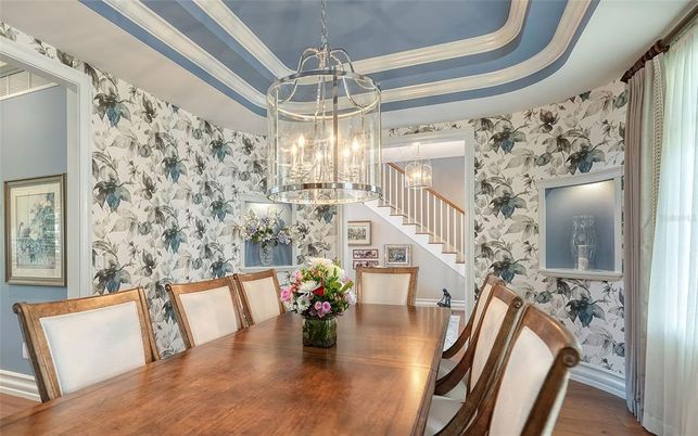 Dining room, Interior, Pendant Lights, Wood Texture Flooring