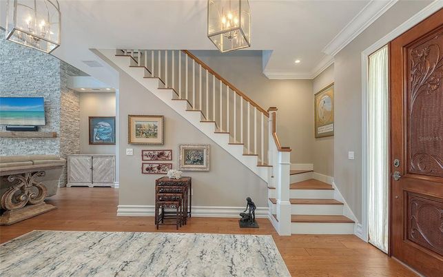 Interior, Pendant Lights, Recessed Lighting, Stone Walls, Wood Texture Flooring