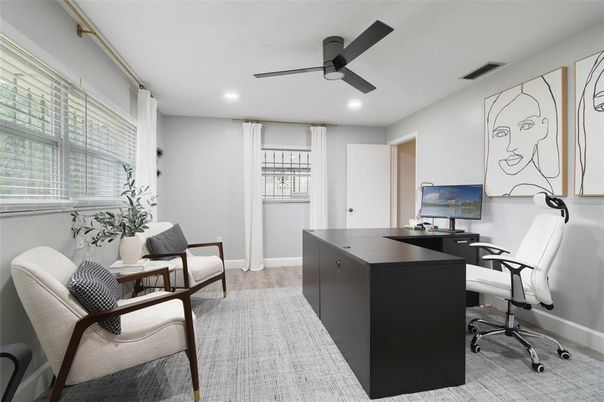 Home Office, Interior, Recessed Lighting, Wood Texture Flooring