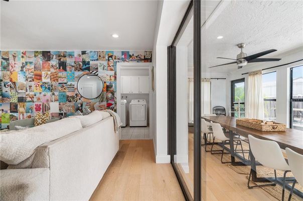 Dining room, Interior, Living room, Recessed Lighting, Washer, Wood Texture Flooring