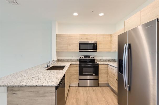 Interior, Kitchen, Recessed Lighting, Stainless Steel Appliances, Wood Texture Flooring