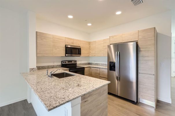 Interior, Kitchen, Recessed Lighting, Stainless Steel Appliances, Wood Texture Flooring