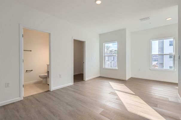Bathroom, Empty room, Interior, Recessed Lighting, Wood Texture Flooring