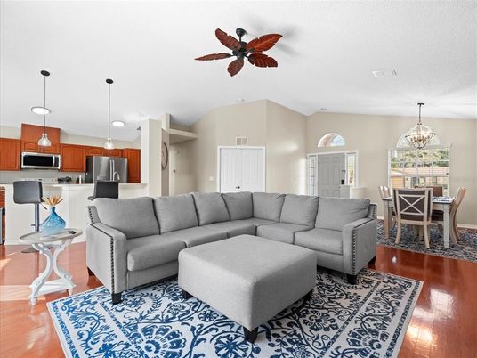 Dining room, Interior, Kitchen, Living room, Pendant Lights, Stainless Steel Appliances, Wood Texture Flooring