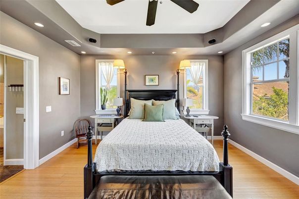 Bedroom, Interior, Recessed Lighting, Wood Texture Flooring