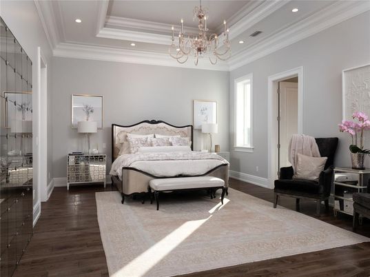 Bedroom, Chandelier, Interior, Recessed Lighting, Wood Texture Flooring