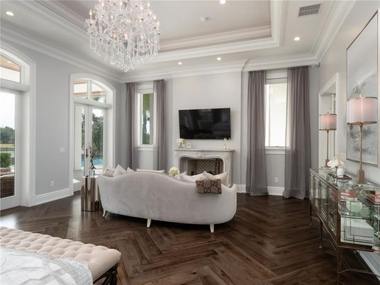 Chandelier, Fireplace, Interior, Living room, Recessed Lighting, Wood Texture Flooring